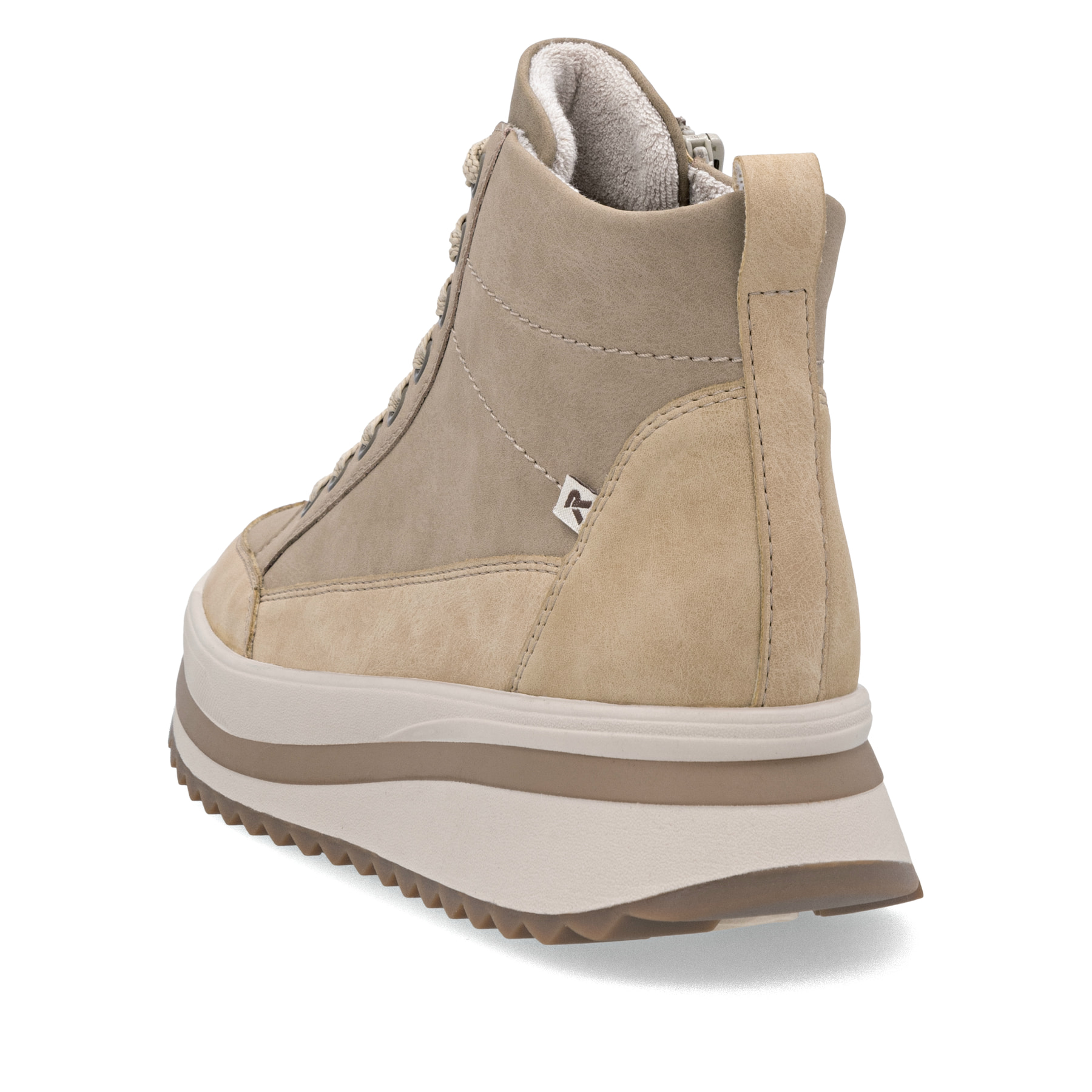 Beige Rieker Damen Schnürstiefel W3871-60 mit einem Reißverschluss. Schuh von hinten.