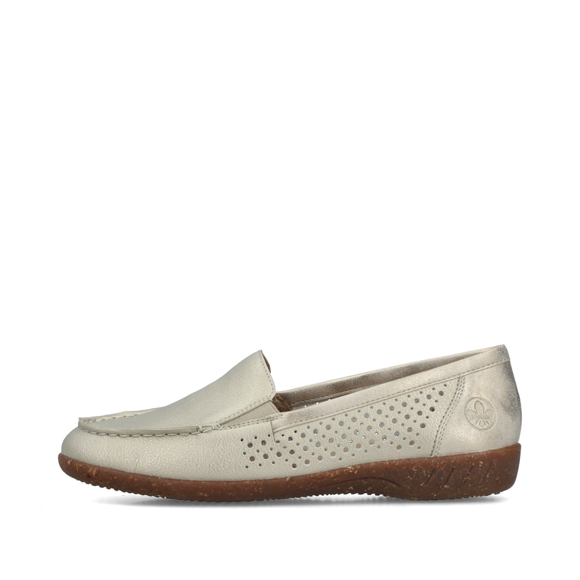 Goldene Rieker Damen Loafer 47656-90 mit Gummizug sowie extra weicher Decksohle. Schuh Außenseite.