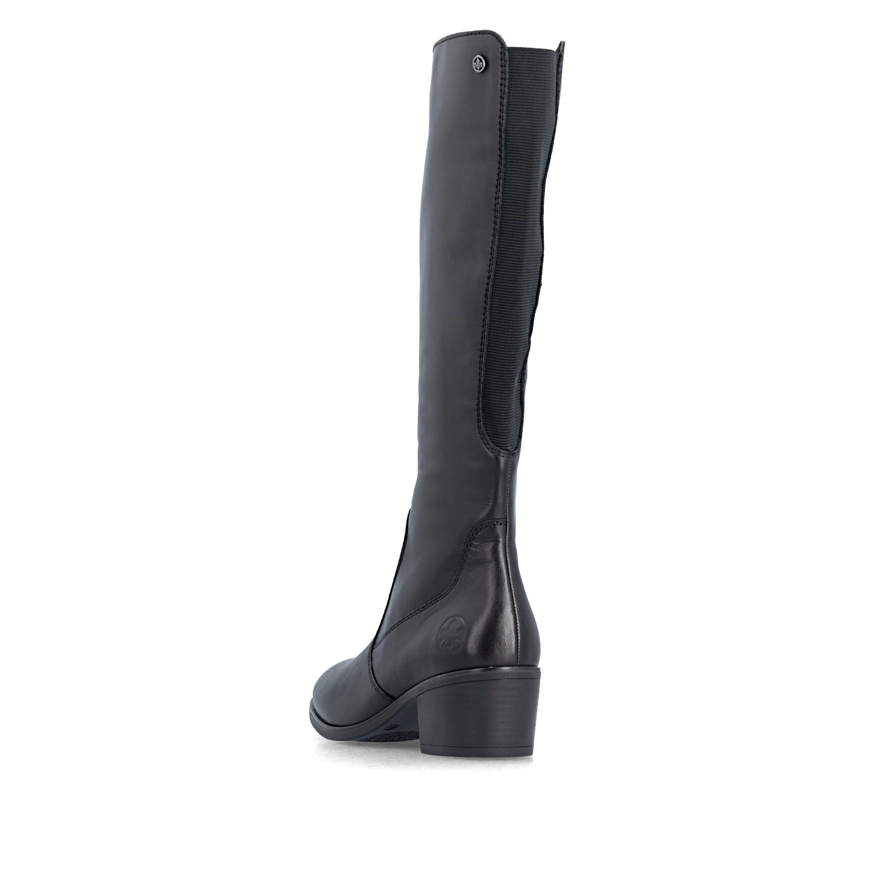 Schwarze Rieker Damen Hochschaftstiefel 73955-00 aus Glattleder. Schuh von hinten.