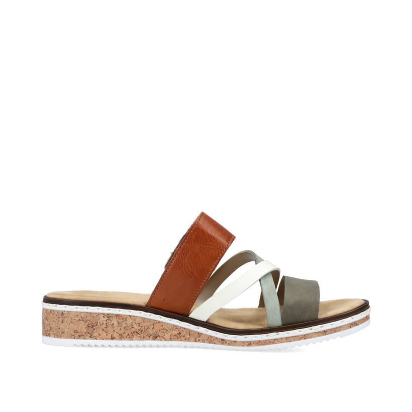 Mehrfarbige Rieker Damen Pantoletten V3652-91 mit einem Klettverschluss. Schuh Innenseite.