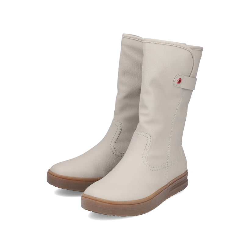 Cremefarbene Rieker Damen Kurzstiefel L2580-60 mit einem Reißverschluss. Schuhpaar seitlich schräg.