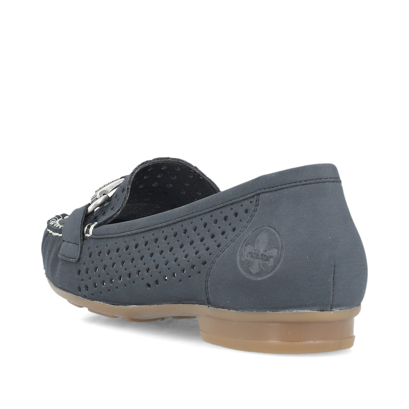 Blaue Rieker Damen Loafer 40065-15 mit der schmalen Passform E 1/2. Schuh von hinten.