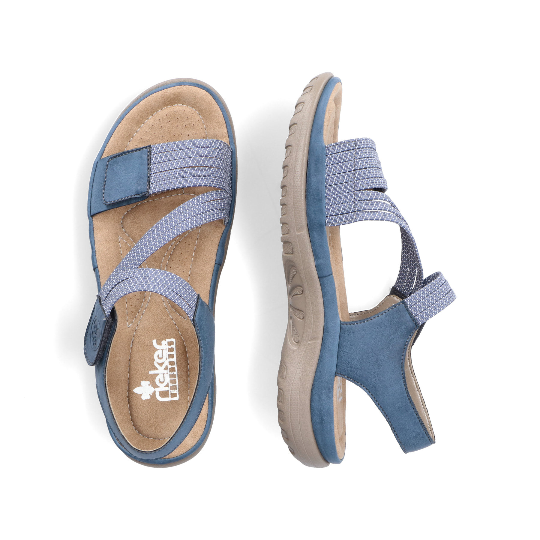 Blaue vegane Rieker Damen Trekkingsandalen 64870-14 mit einem Klettverschluss. Schuh von oben, liegend.