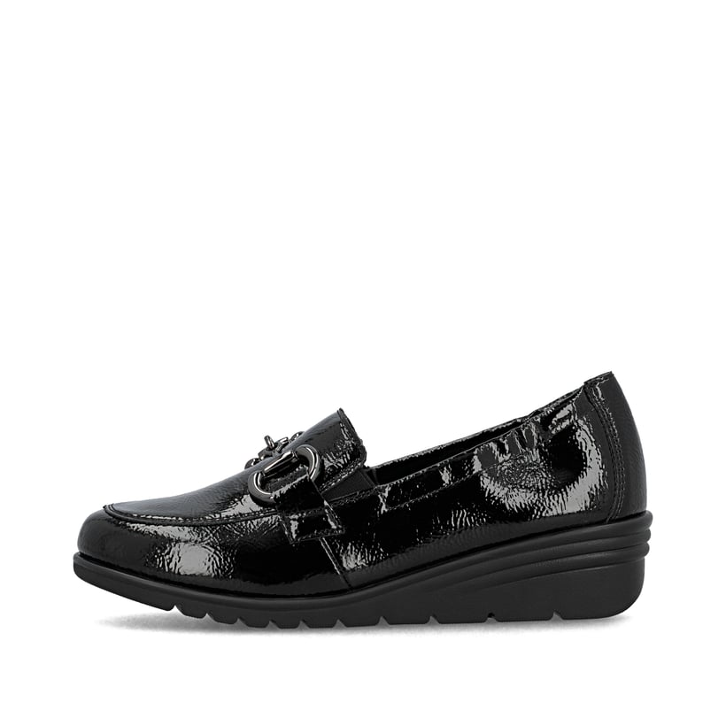 Schwarze Rieker Damen Loafer L5352-00 aus Lackleder mit einem Gummizug. Schuh Außenseite.