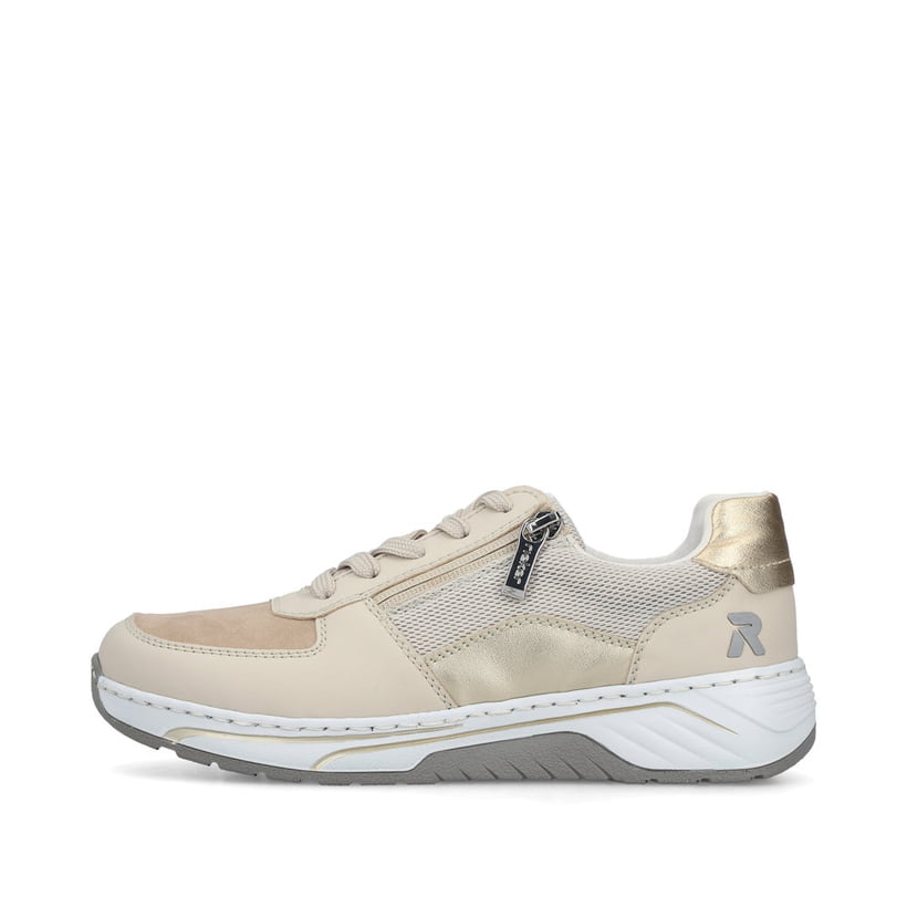 Beige Rieker Damen Sneaker Low 53101-60 mit Reißverschluss sowie Extraweite H. Schuh Außenseite.