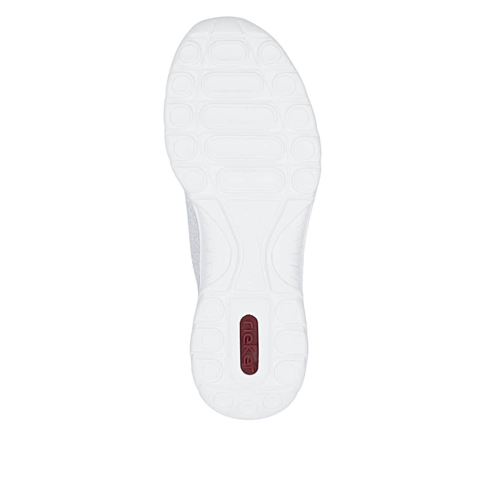 Silberne Rieker Damen Slipper L3261-90 mit easy Hineinschlüpf-Möglichkeit. Schuh Laufsohle.