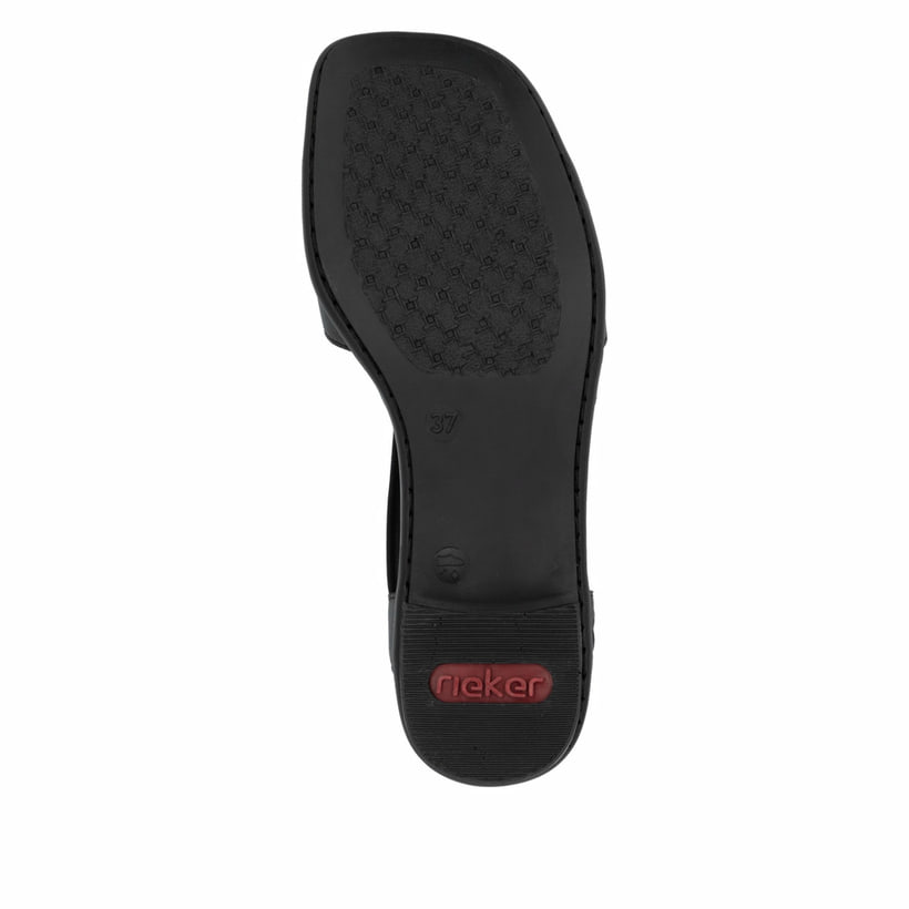 Schwarze Rieker Riemchensandaletten 62662-01 mit einem Gummizug. Schuh Laufsohle.
