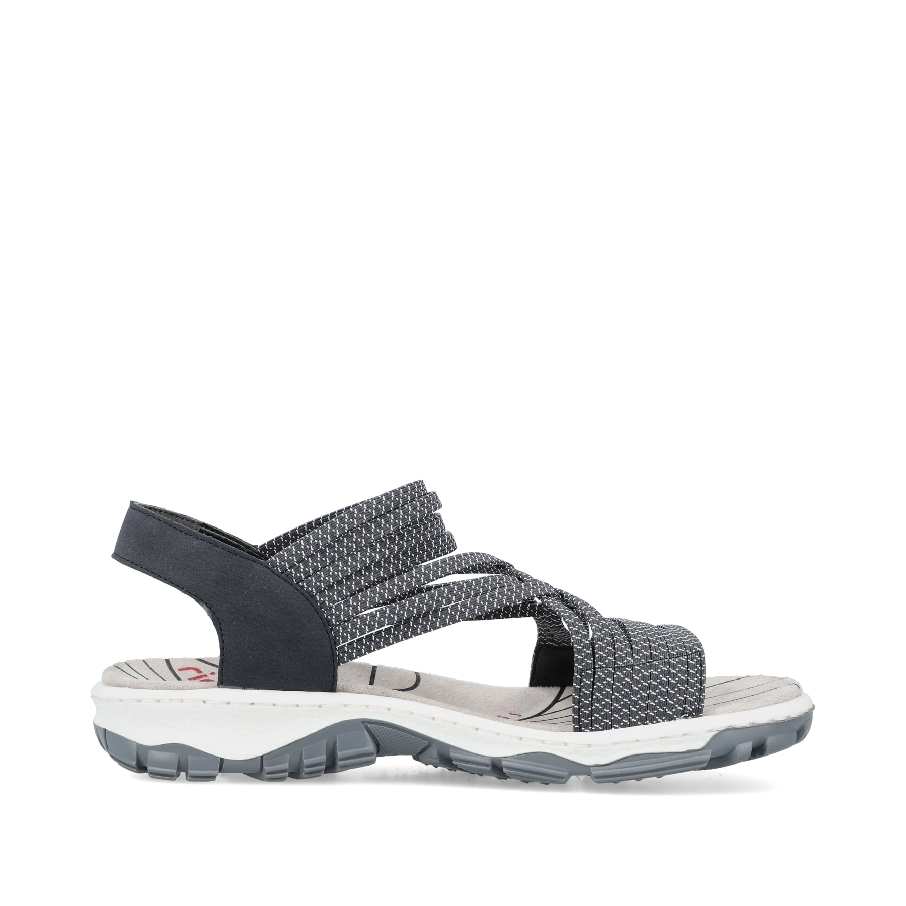 Blaue Rieker Damen Trekkingsandalen 68888-14 mit einem Gummizug. Schuh Innenseite.