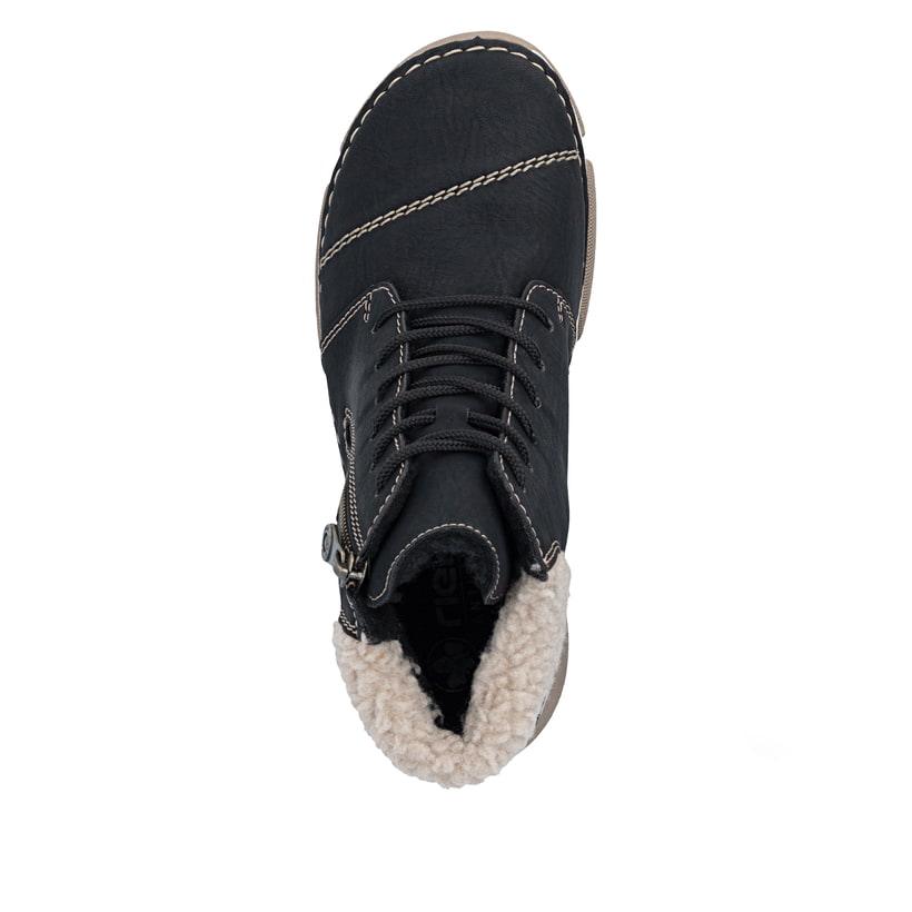 Schwarzbeige Rieker Damen Schnürstiefel 45931-00 mit einem Reißverschluss. Schuh von oben.