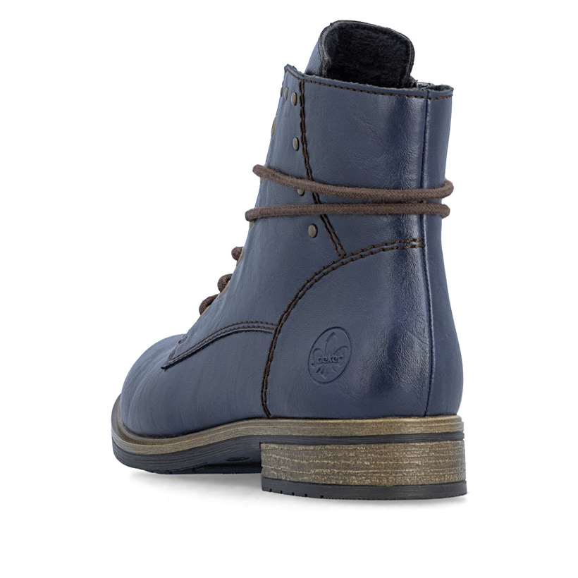 Bottes à lacets Rieker bleues femmes 72222-14 avec laçage enveloppant. Chaussure vue de l'arrière.