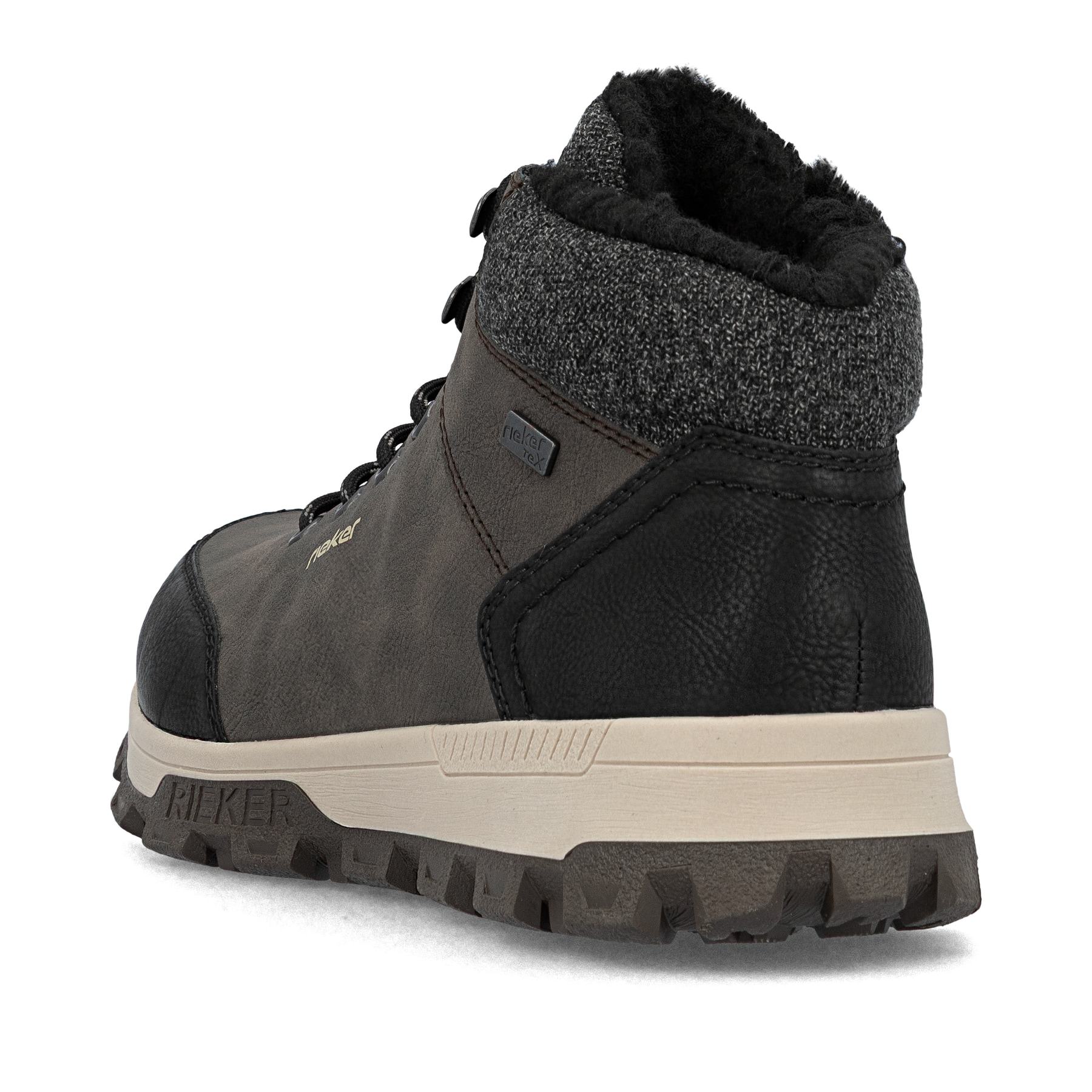 Kaffeebraune Rieker Herren Schnürstiefel 35534-25 mit einer leichten Profilsohle. Schuh von hinten