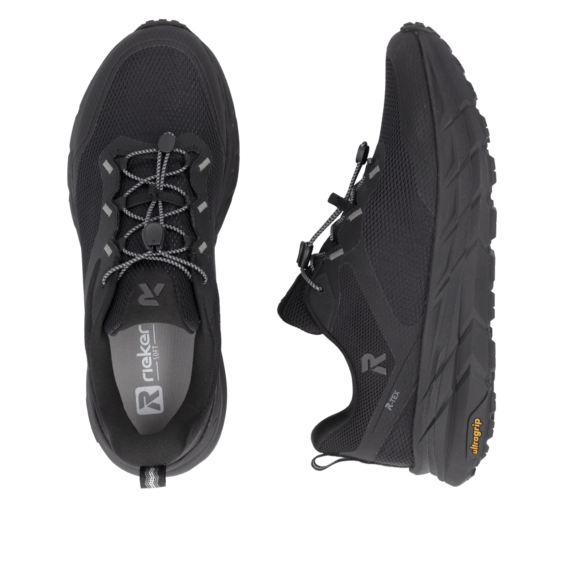 Schwarze Rieker Sport Damen Sneaker Low W4502-00. Schuh von oben, liegend.