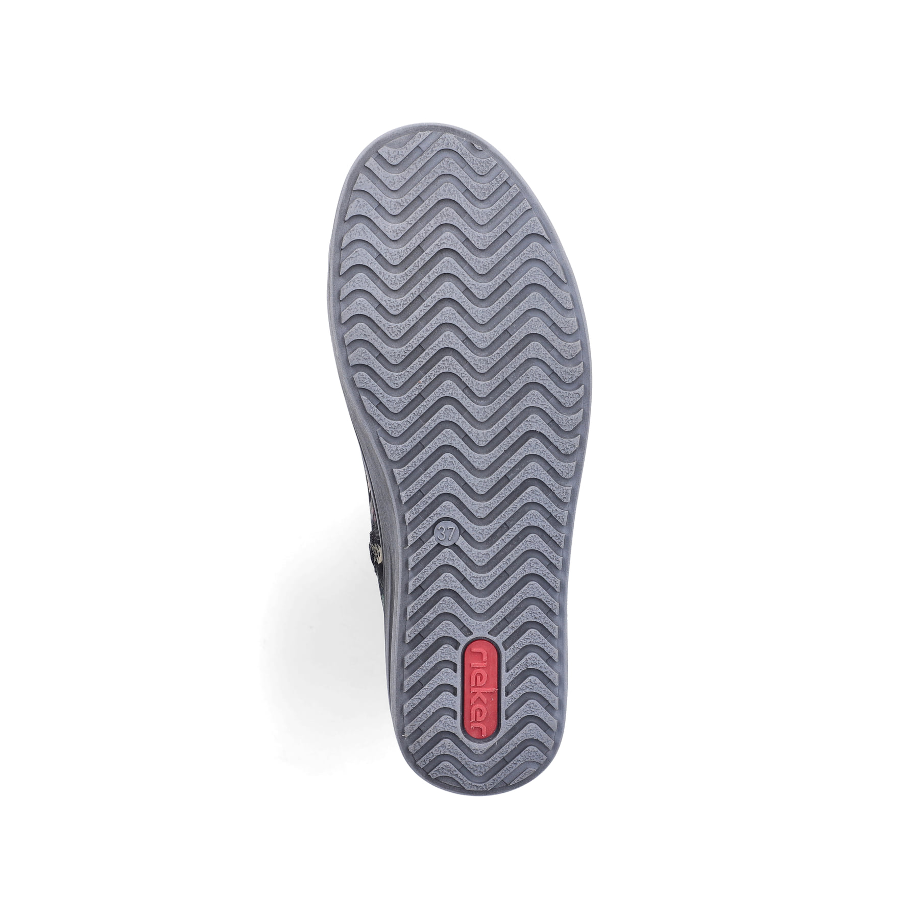 Graue Rieker Damen Kurzstiefel L2550-90 mit floralem Aufdruck. Schuh Laufsohle.