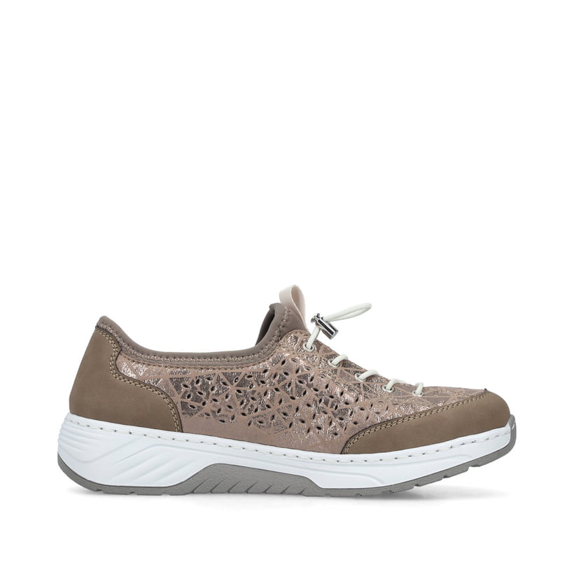 Beige Rieker Damen Slipper 53151-64 mit metallischem Finish sowie einem Gummizug. Schuh Innenseite.