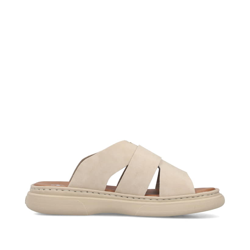 Beige Rieker Damen Pantoletten V3089-62 mit Gummizug sowie ultraleichter Sohle. Schuh Innenseite.