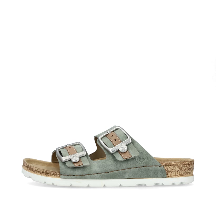 Grüne Rieker Damen Pantoletten 69850-52 mit Schnallen sowie einer leichten Sohle. Schuh Außenseite.
