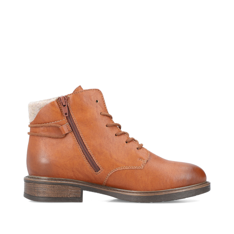 Braune Rieker Damen Schnürstiefel 71440-25 mit rundem Logo sowie Reißverschluss. Schuh Innenseite.