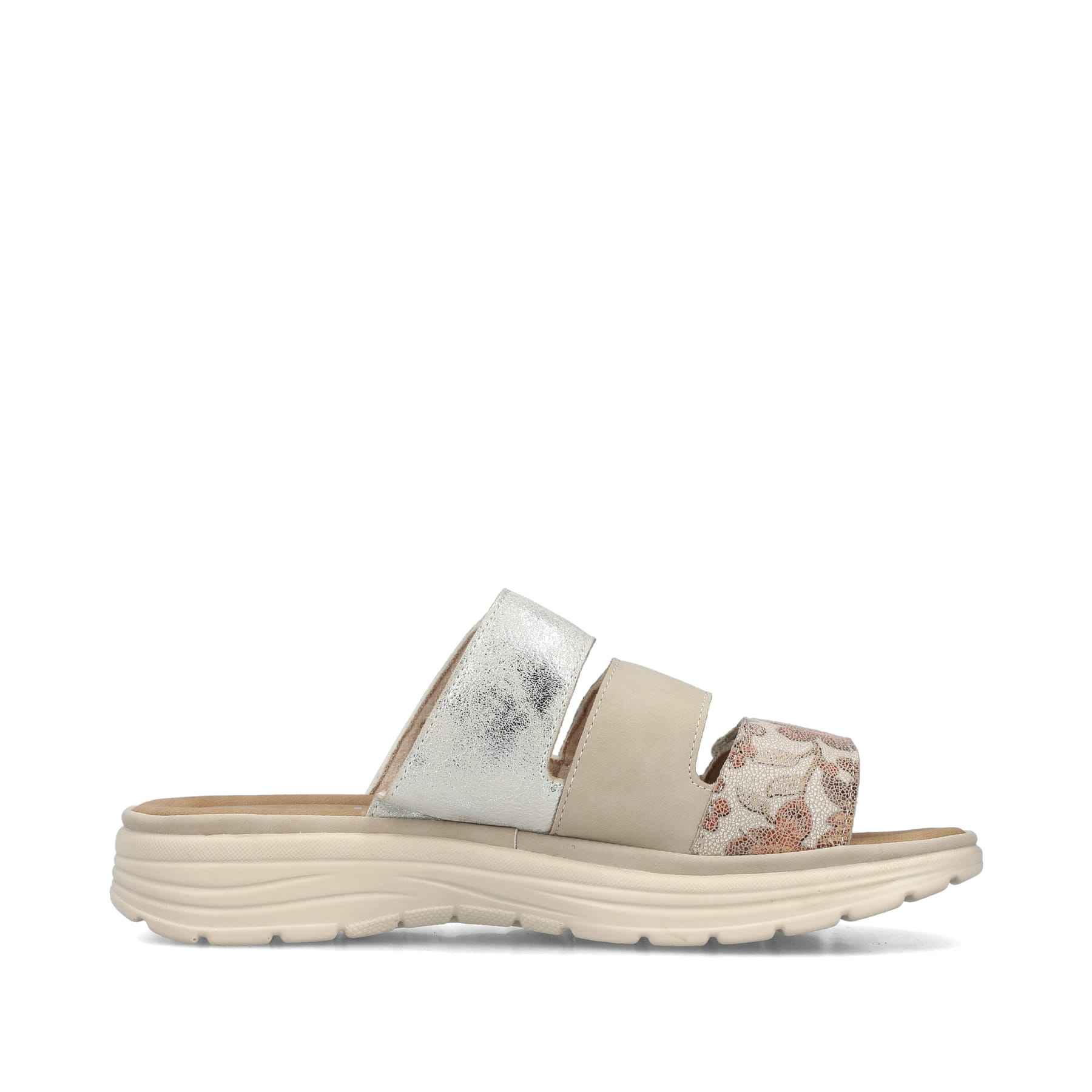 Beige Rieker Damen Pantoletten V8583-90 mit einem Klettverschluss. Schuh Innenseite.