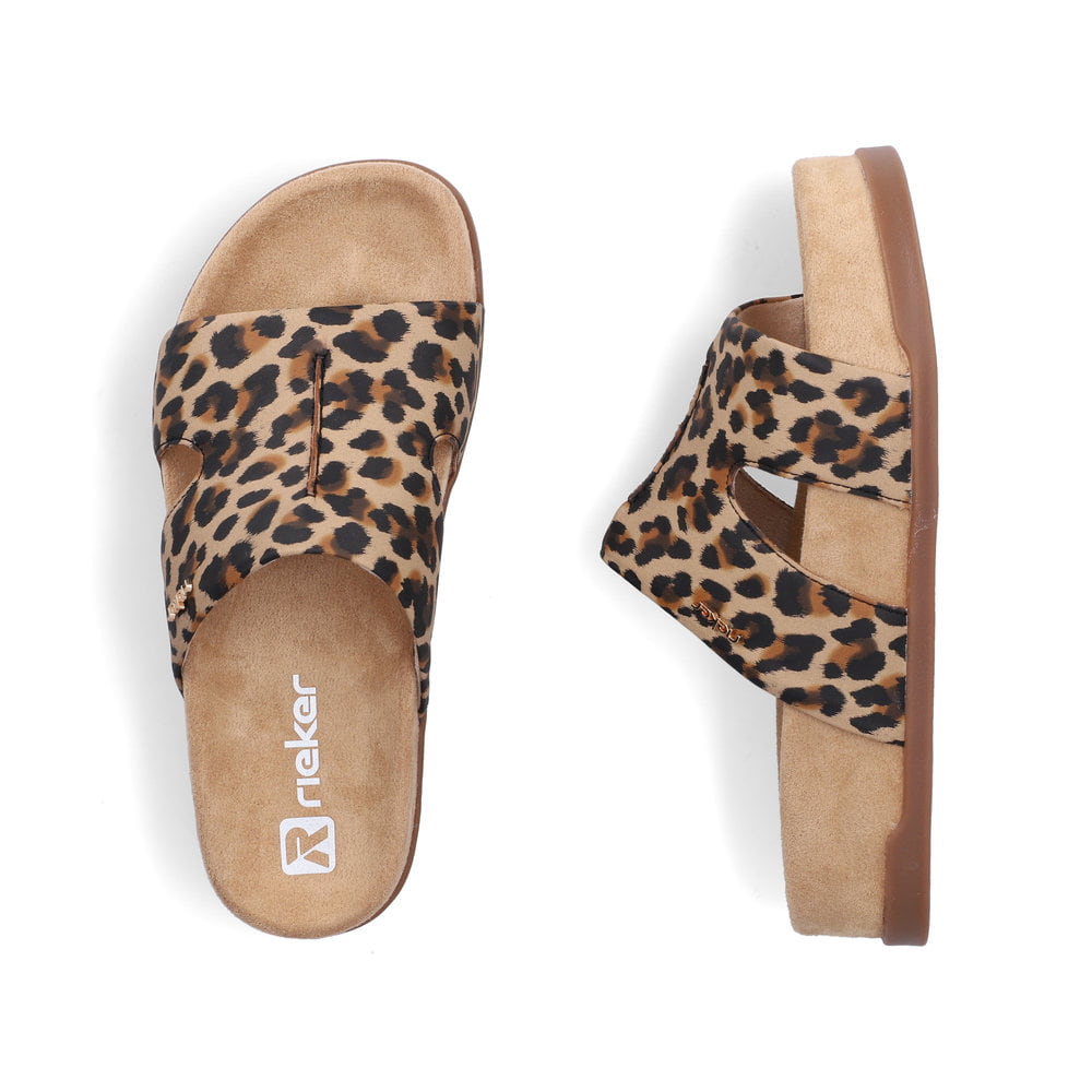 Braune Rieker Damen Pantoletten V4088-60 mit angesagtem Animal-Print. Schuh von oben, liegend.