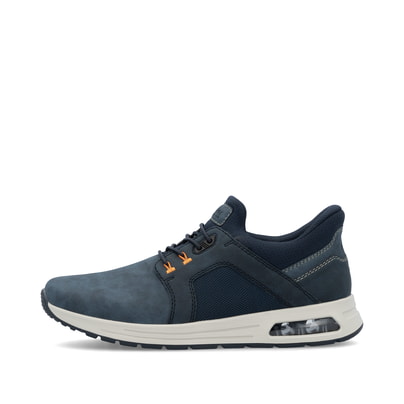 Blaue Rieker Herren Slipper B1053-14 mit Rieker Air Sohlenfenster. Schuh Außenseite.