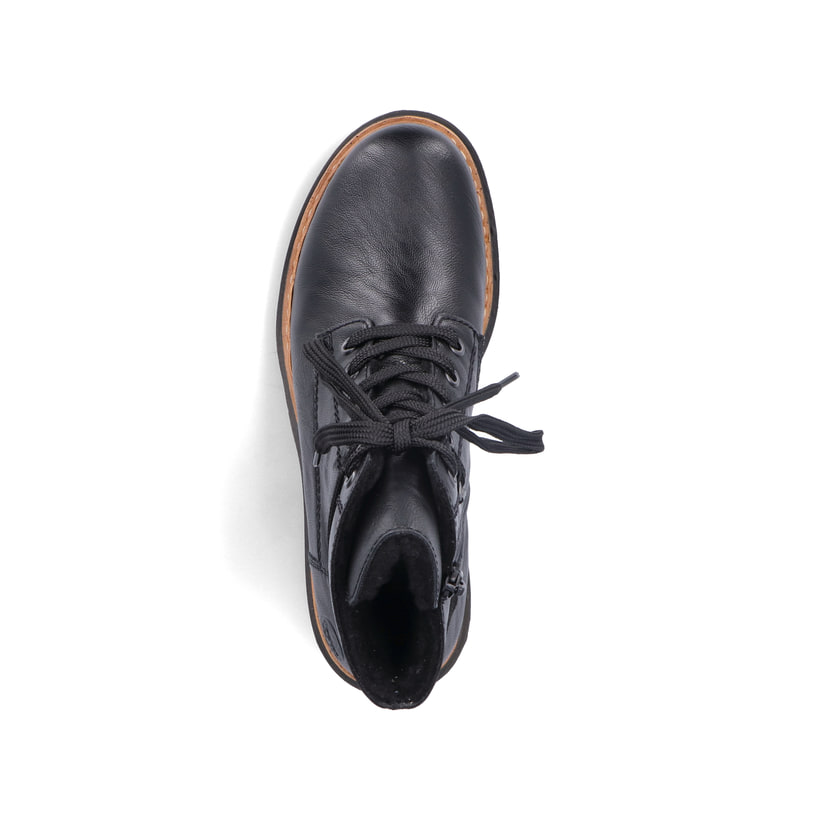 Nachtschwarze Rieker Damen Biker Boots 72603-00 mit Schnürung und Reißverschluss. Schuh von oben
