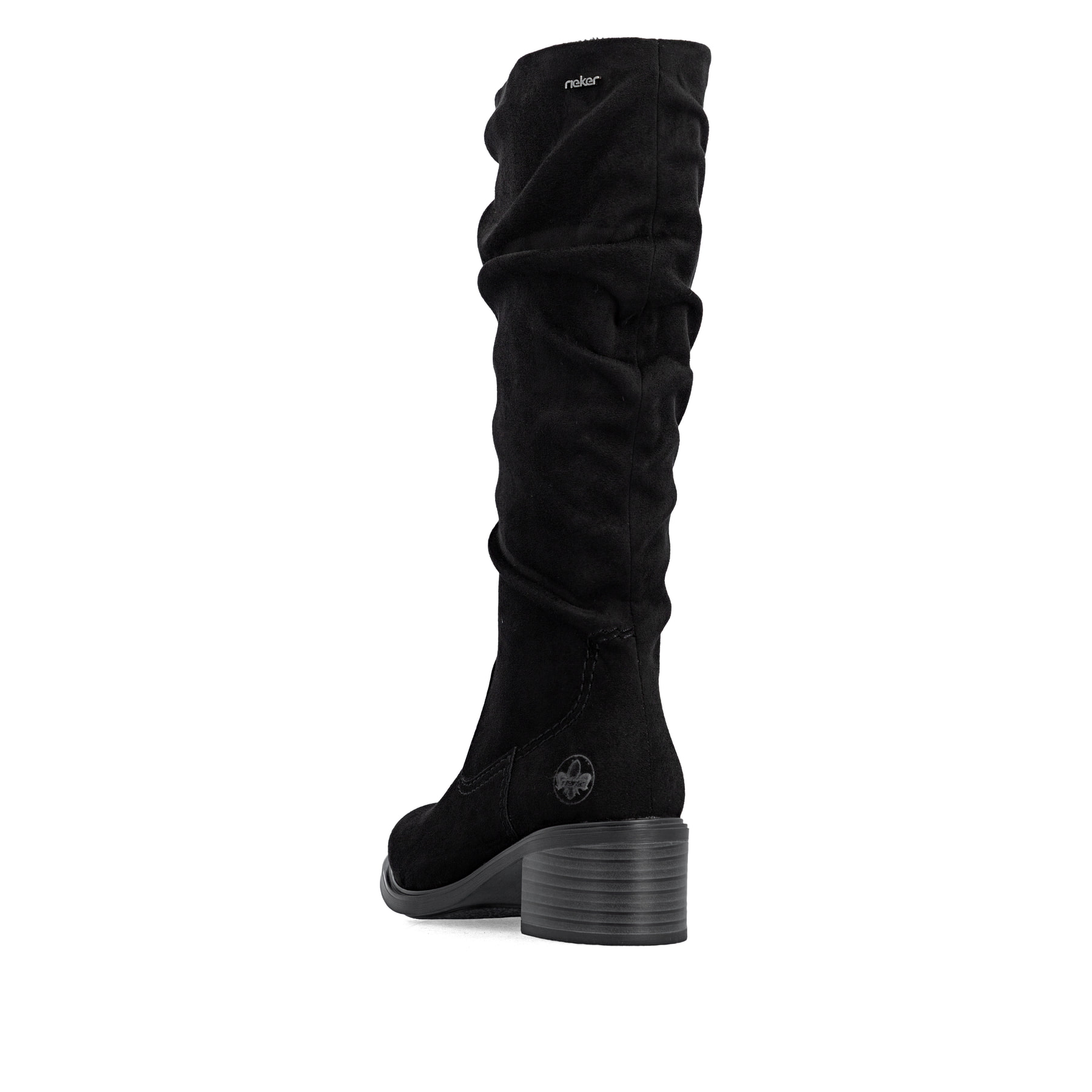 Schwarze Rieker Damen Hochschaftstiefel 74192-00 mit gerafftem Schaft. Schuh von hinten.
