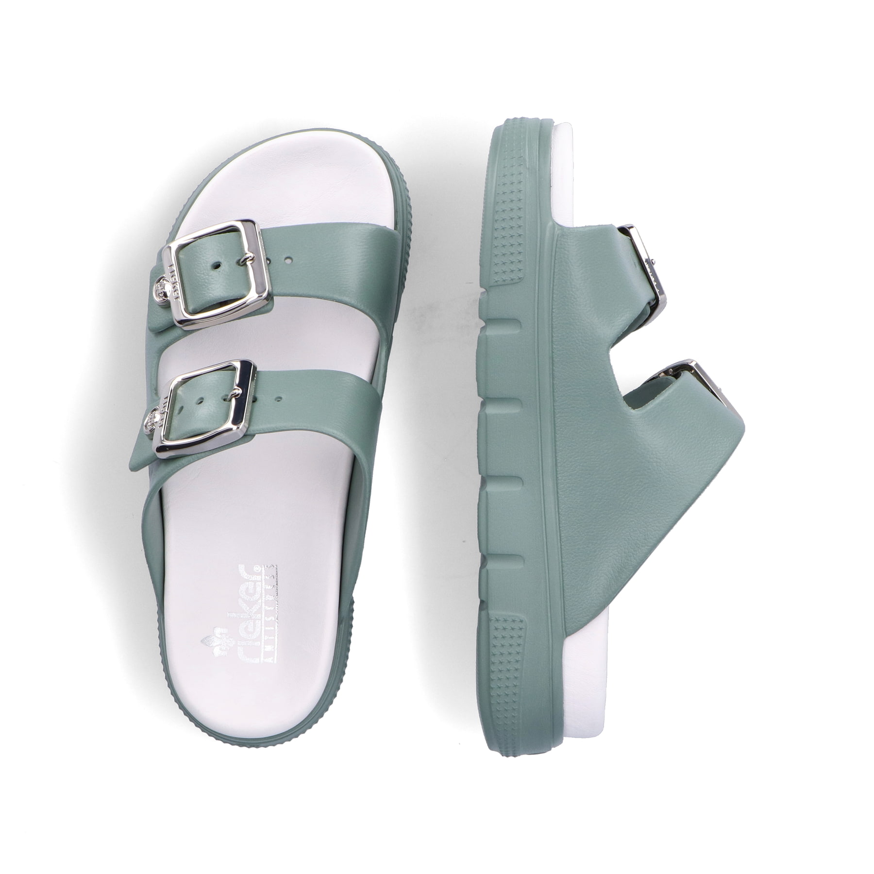 Grüne Rieker Damen Pantoletten P2180-52 mit Schnalle sowie einer flexiblen Sohle. Schuh von oben, liegend.