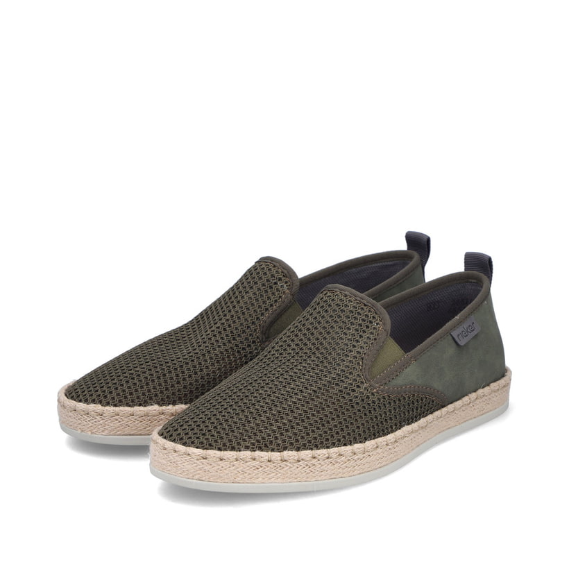 Mocassins Rieker verts pour homme B2661-54 avec bande élastique. Chaussures inclinées sur le côté.