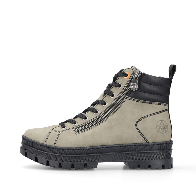 
Graugrüne Rieker Damen Schnürstiefel Z1805-52 mit einer robusten Profilsohle. Schuh Außenseite