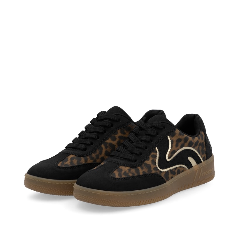 Baskets basses Rieker multicolores femme M5512-90 avec imprimé léopard. Chaussures inclinées sur le côté.