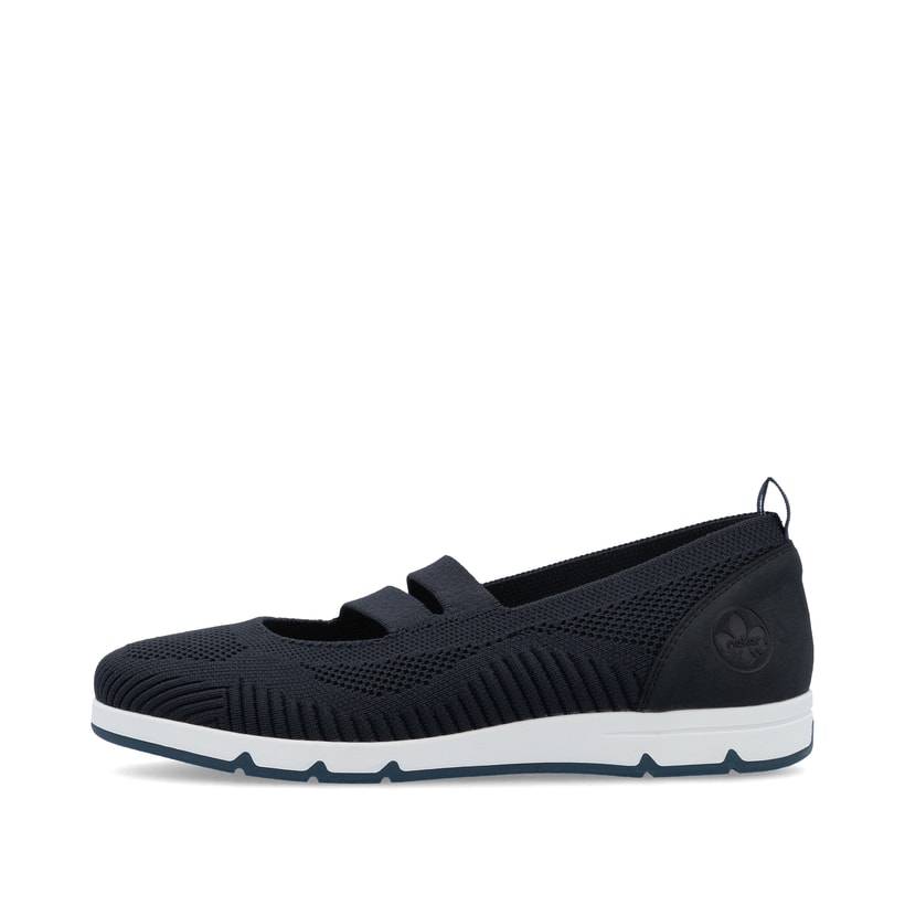 Blaue Rieker Ballerinas L3053-14 mit Gummizug sowie herausnehmbarer Einlegesohle. Schuh Außenseite.