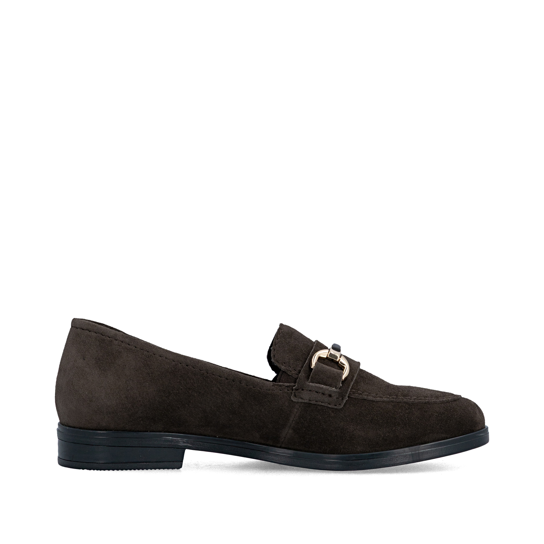 Dunkelbraune Rieker Damen Loafer 46262-25 aus Rauleder mit Schmuckelementen. Schuh Innenseite.