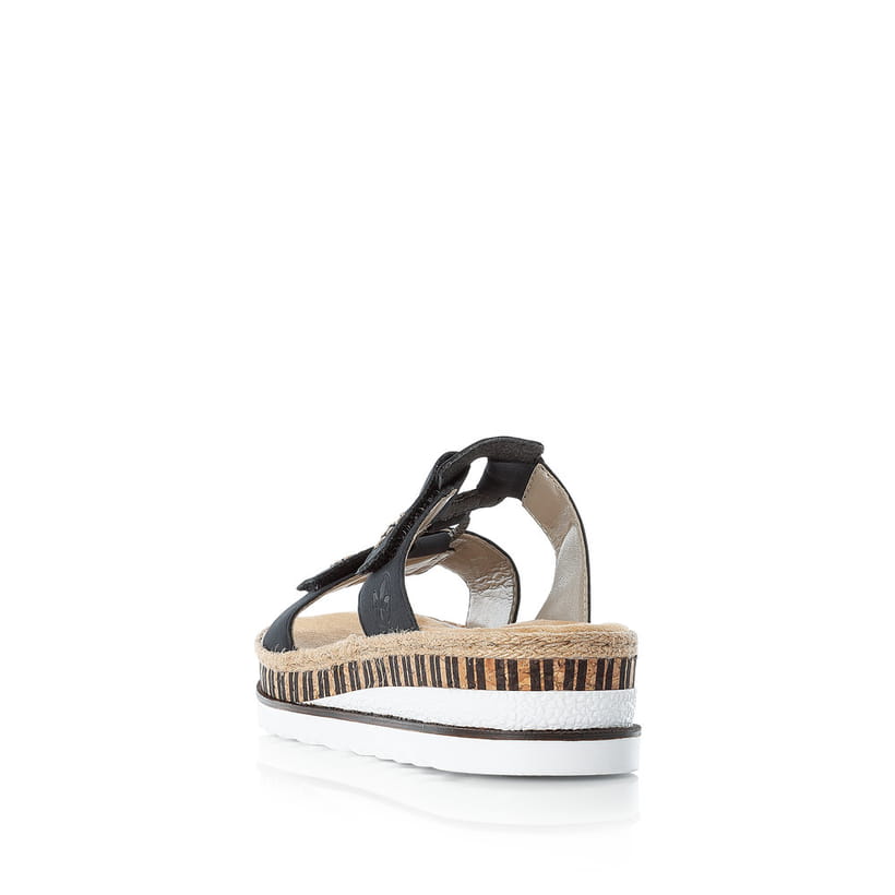 Dunkelblaue Rieker Damen Pantoletten V79N2-14 mit handgestickten Nähten. Schuh von hinten.