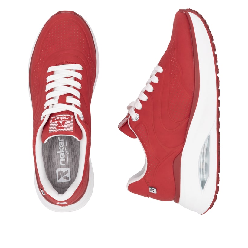 Rote vegane Rieker Damen Sneaker Low W2700-33 mit einer Schnürung. Schuh von oben, liegend.