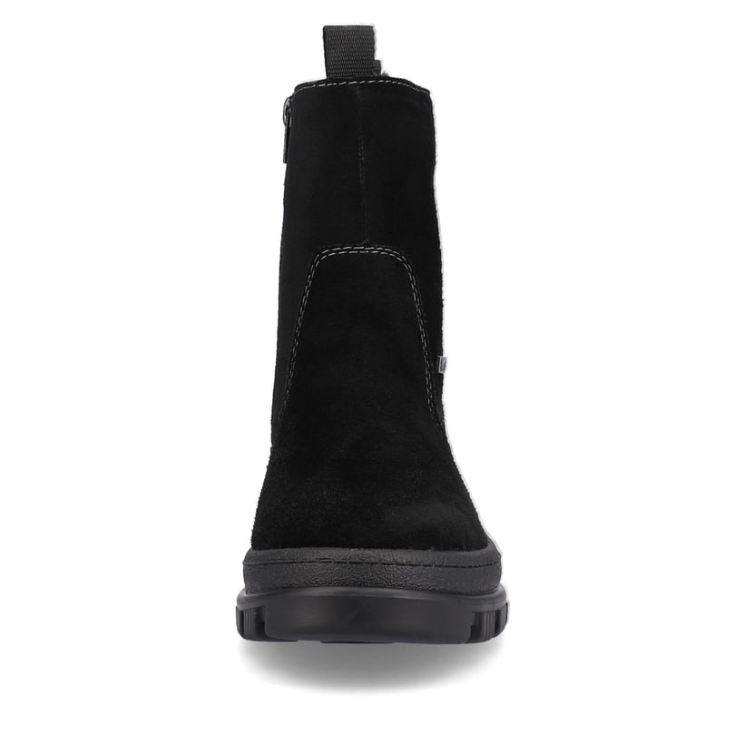 Tiefschwarze Rieker Damen Kurzstiefel X8250-00 mit Flip-Grip Sohle. Schuh von vorne.