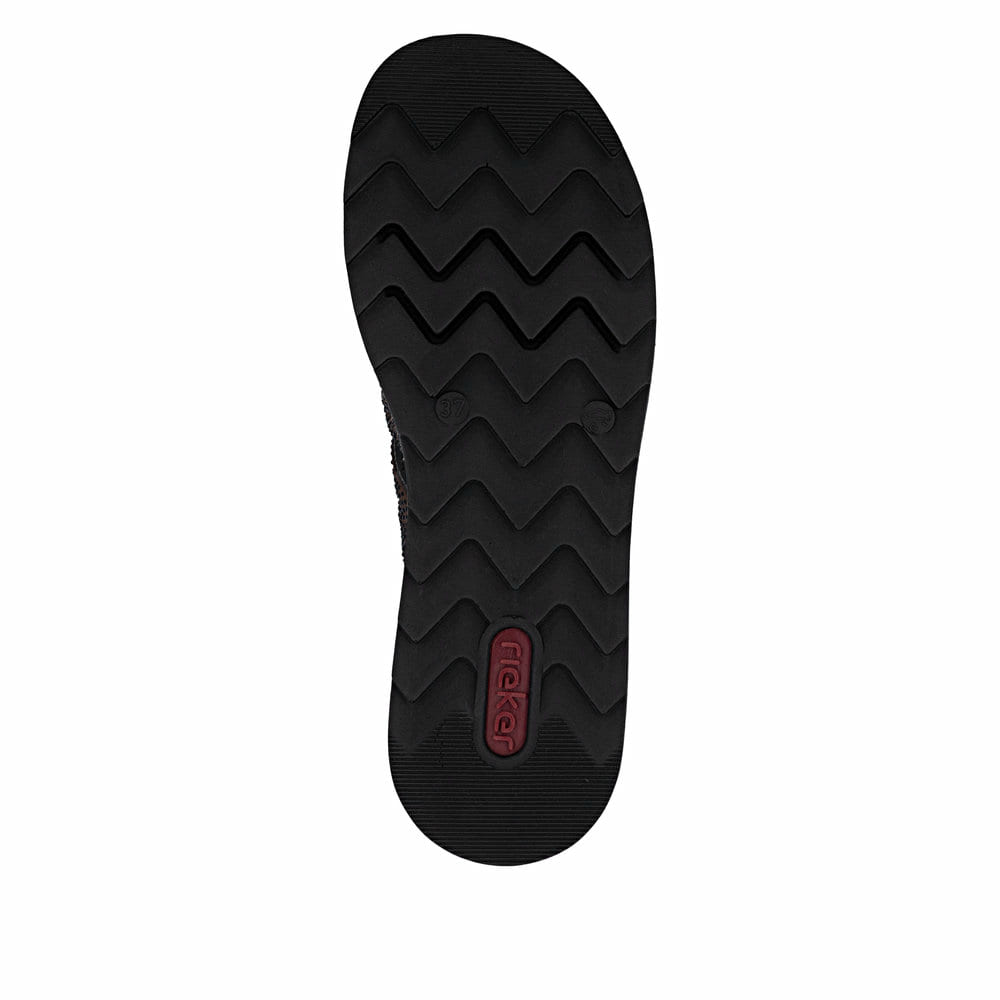 Dunkelbraune Rieker Damen Pantoletten V7992-24 mit Strasssteinen. Schuh Laufsohle.