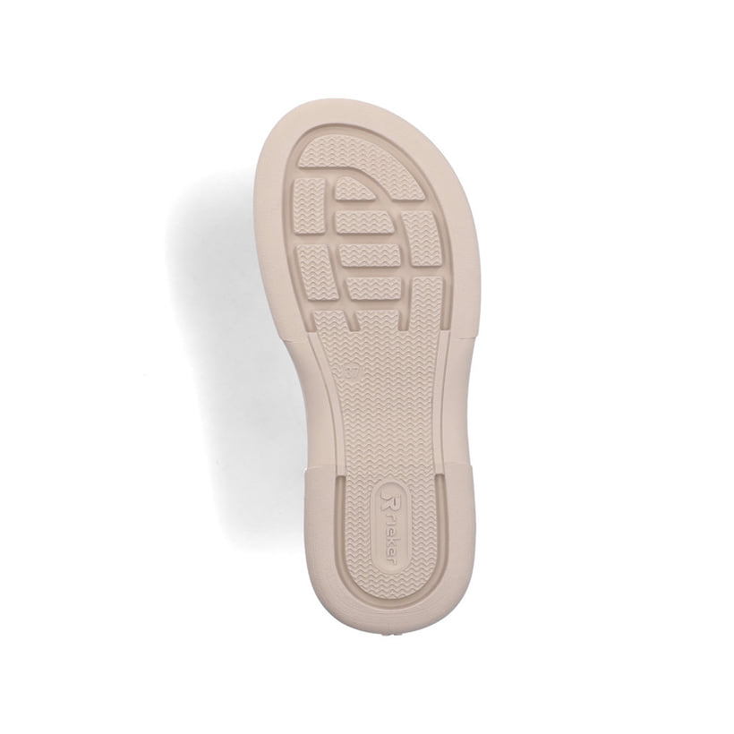 Beige Rieker Damen Pantoletten V3089-62 mit Gummizug sowie ultraleichter Sohle. Schuh Laufsohle.