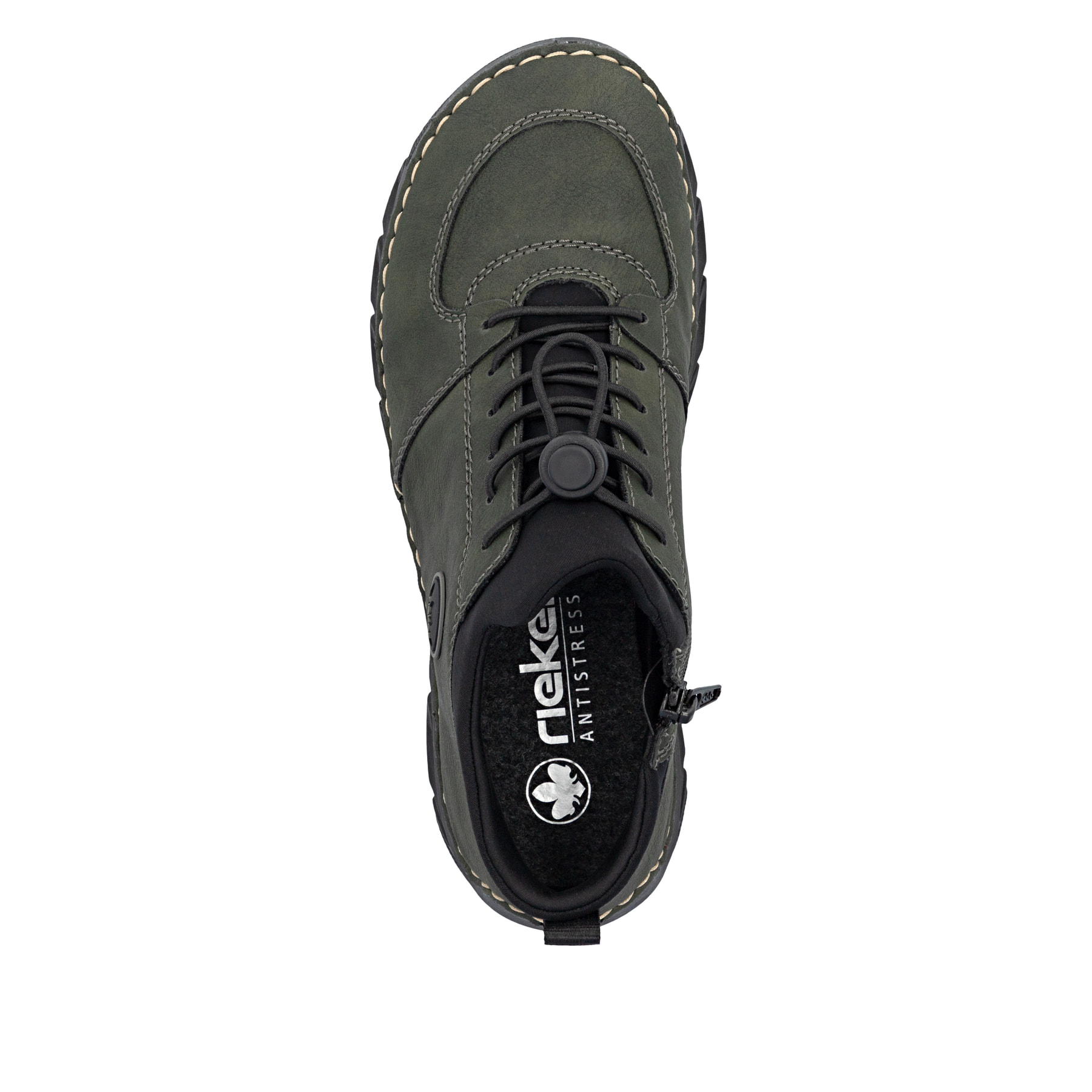 Dunkelgrün-schwarze Rieker Damen Kurzstiefel 55071-54 mit einem Reißverschluss. Schuh von oben.
