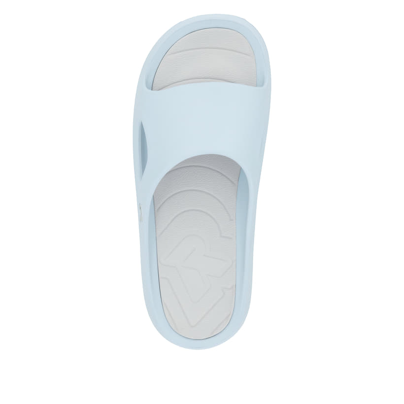 Blaue Rieker Damen Pantoletten W3450-10 mit flexibler und ultraleichter Sohle. Schuh von oben.