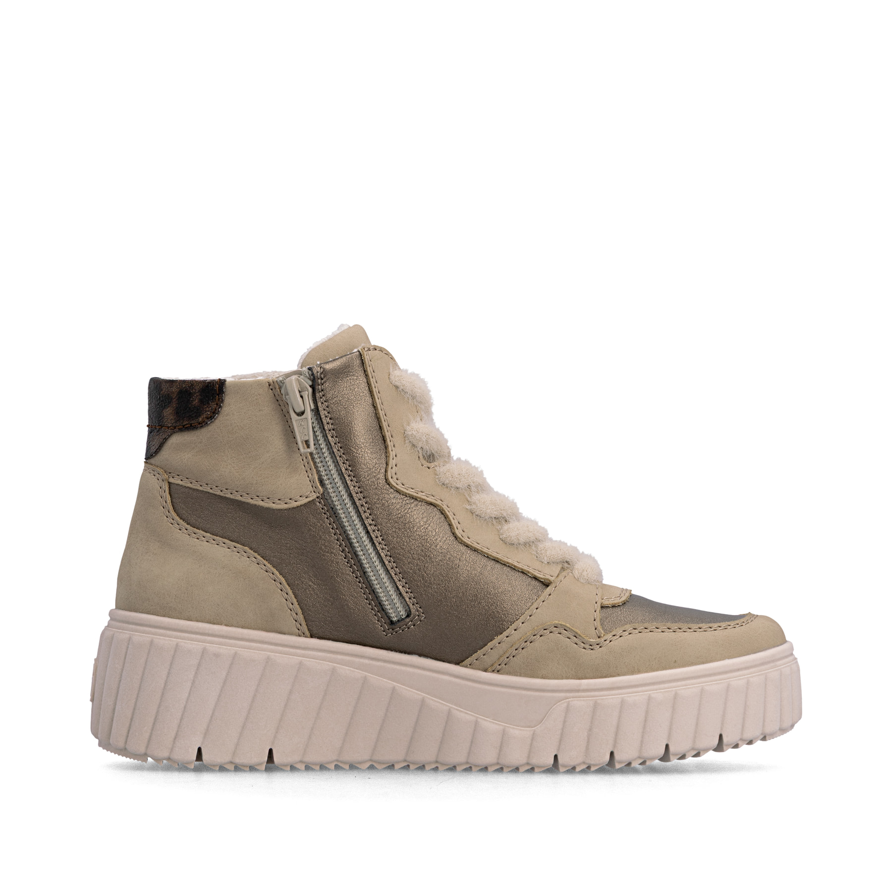 Baskets montantes Rieker beiges femmes N2508-60 avec fermeture éclair. Côté intérieur de la chaussure.
