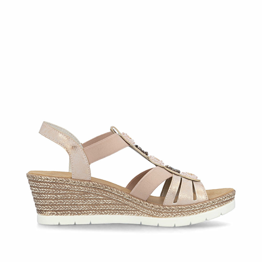 Rosane Rieker Keilsandaletten 619B2-31 mit Schmuckelementen sowie einem Gummizug. Schuh Innenseite.