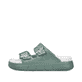 Grüne Rieker Damen Pantoletten P2180-52 mit Schnalle sowie einer flexiblen Sohle. Schuh Außenseite.