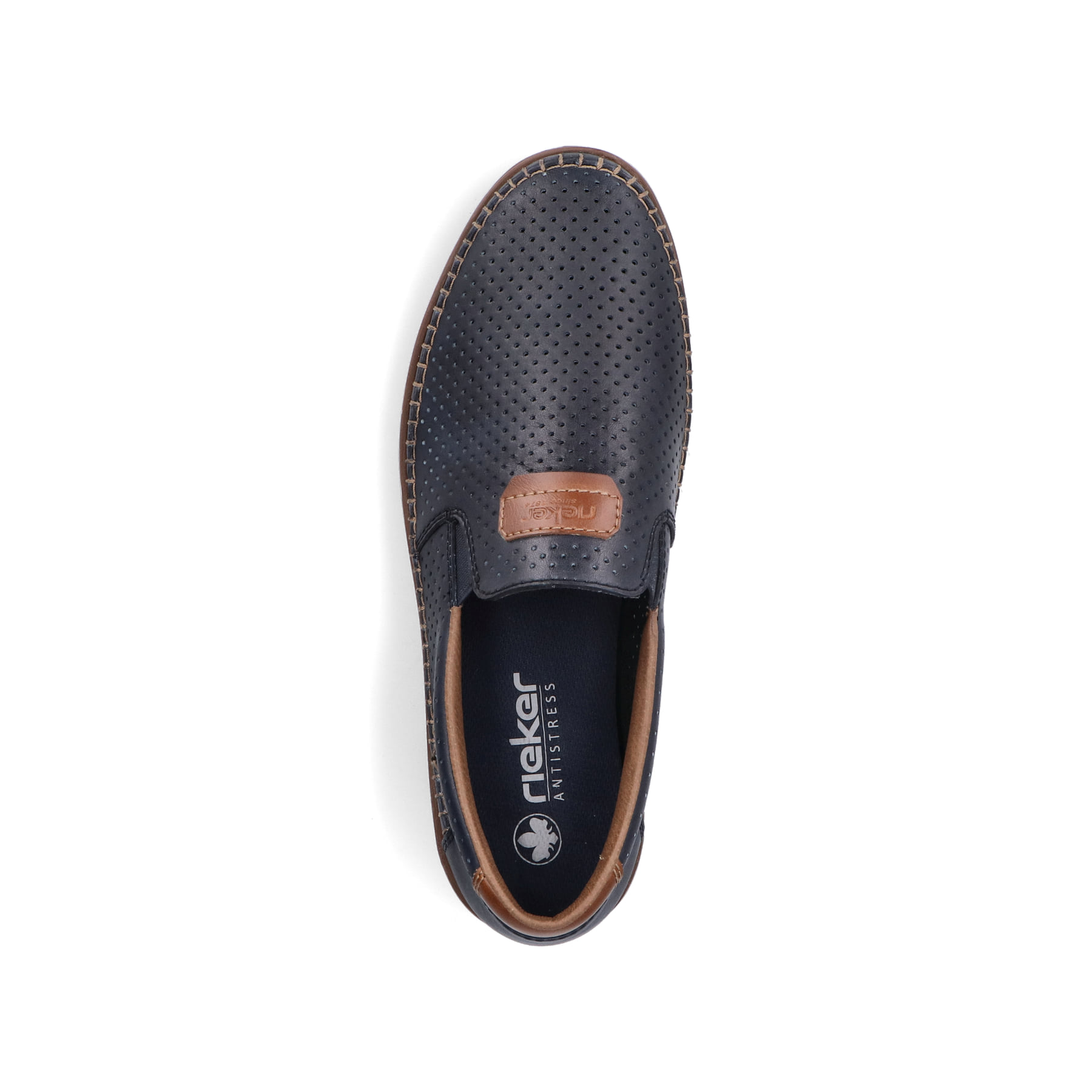 Blaue Rieker Herren Slipper B2356-14 mit einem Gummizug sowie Komfortweite G 1/2. Schuh von oben.