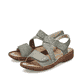 Grüne Rieker Damen Riemchensandalen V2862-52 mit einem Klettverschluss. Schuhpaar seitlich schräg.
