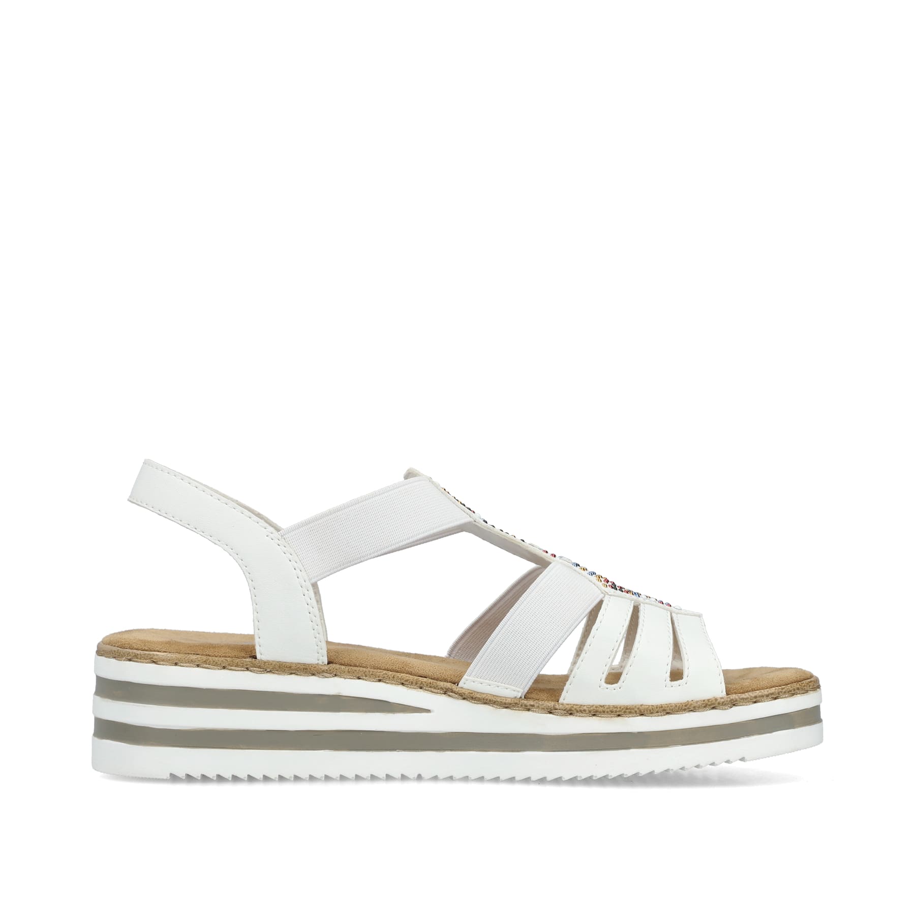 Weiße Rieker Keilsandaletten V0240-80 mit Strasssteinen sowie einem Gummizug. Schuh Innenseite.