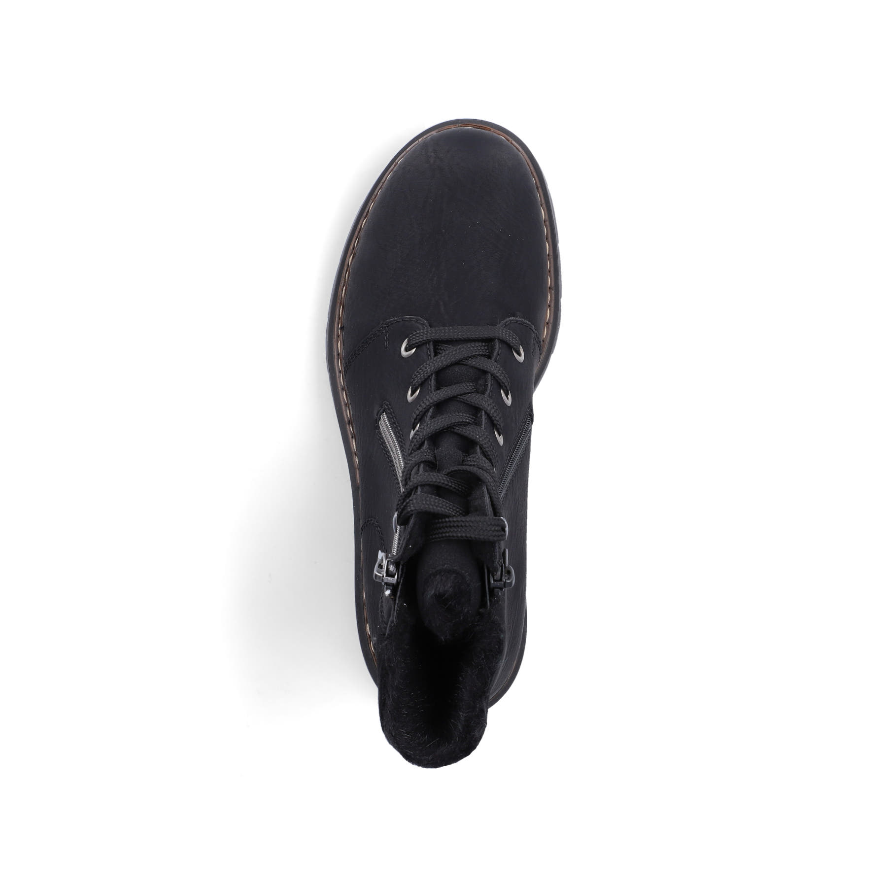 Schwarze Rieker Damen Schnürstiefel 76720-00 mit einem Reißverschluss. Schuh von oben.