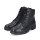 
Nachtschwarze Rieker Damen Schnürstiefel 75130-00 mit einer schockabsorbierenden Sohle. Schuhpaar schräg.