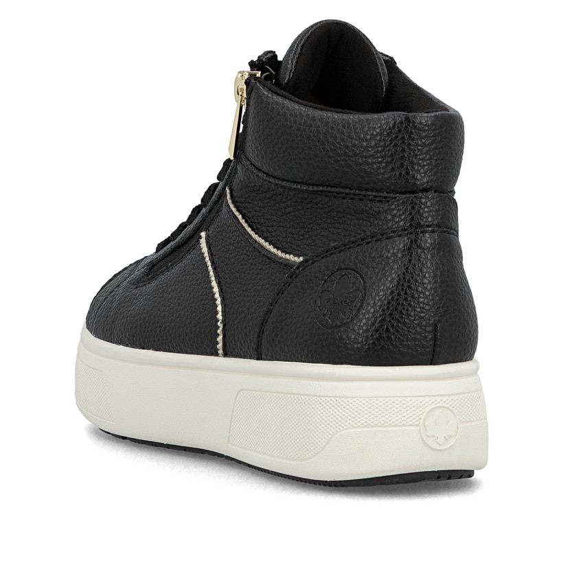 Schwarze Rieker Damen Sneaker High M7744-00 mit einem Reißverschluss. Schuh von hinten.
