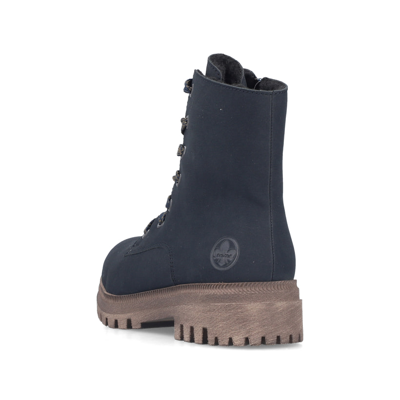 Dunkelblaue Rieker Damen Biker Boots Y7622-14 mit einem Reißverschluss. Schuh von hinten.