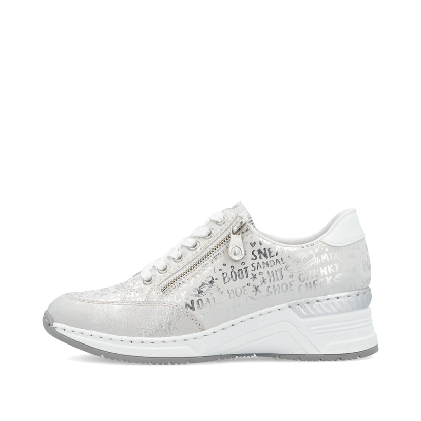 Silberne Rieker Damen Sneaker Low N4316-90 mit einem Reißverschluss. Schuh Außenseite.